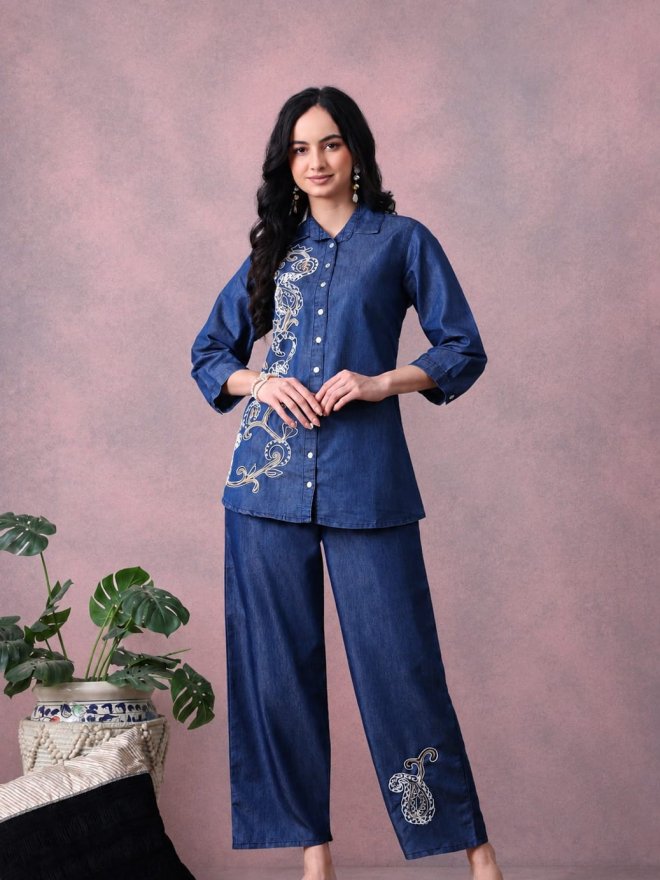 Women's Navy Blue Embroidered Denim Co-Ord Set with Wide Leg Pants
