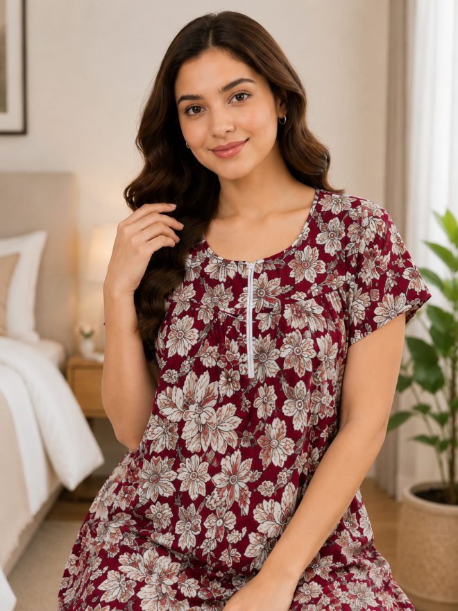 Women’s Floral Printed Short-Sleeve Nightdress – Maroon
