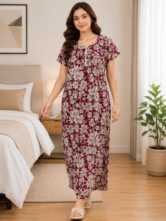 Women’s Floral Printed Short-Sleeve Nightdress – Maroon