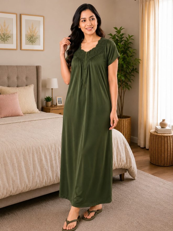 Women’s Olive Green Lace-Trim Maxi Nightgown
