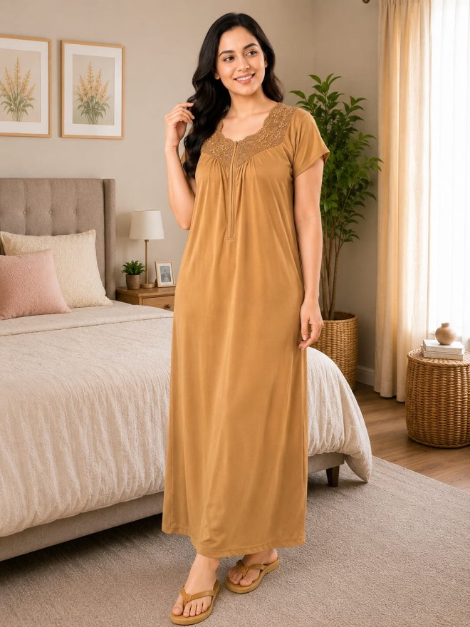 Women’s Lace Neck Comfort Fit Satin Nighty  – Caramel Brown