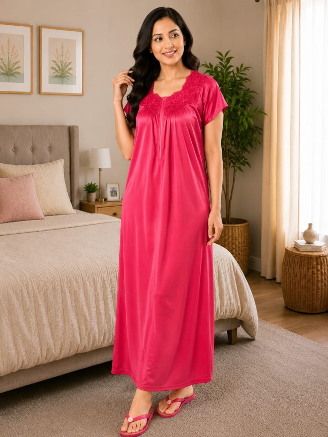 Women’s Pink Satin Finish Nighty with Lace Neckline