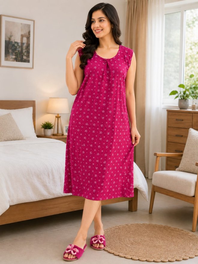 Women’s Pink Floral Printed Sleeveless Night Dress