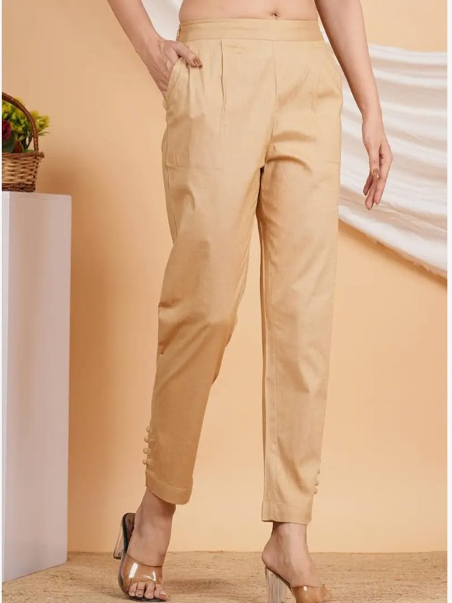 Women’s Beige High-Waist cotton Lycra pants