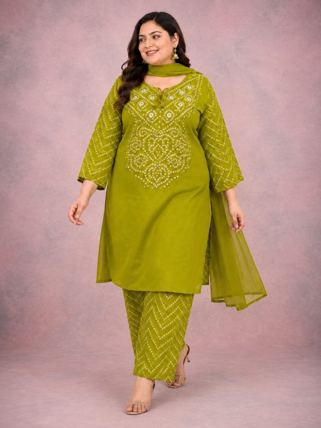 Olive Green Printed plus size Kurta Set with Dupatta