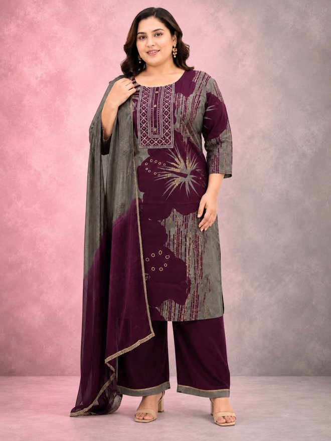 Women’s Maroon & Grey plus size Printed Kurta Pant Set with Dupatta