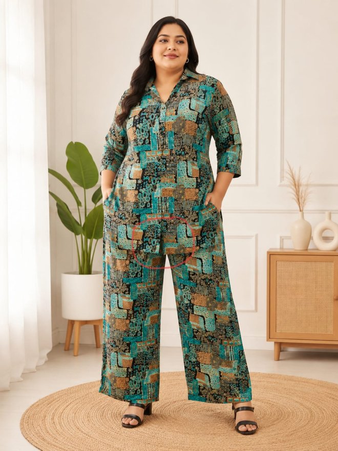 Women’s Teal Abstract Printed plus size  Kurta Pant Co-Ord Set