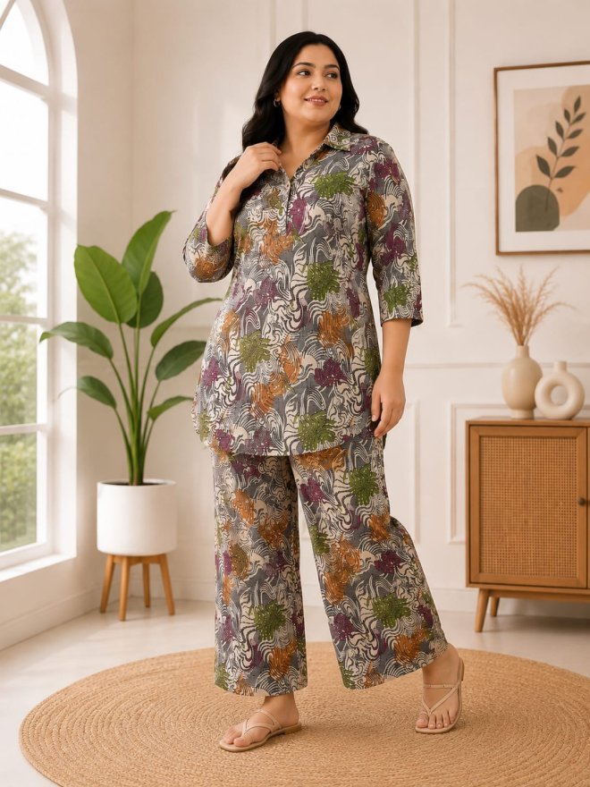 Printed  plus size Co-Ord Set for Women – Relaxed Shirt & Wide-Leg Pants