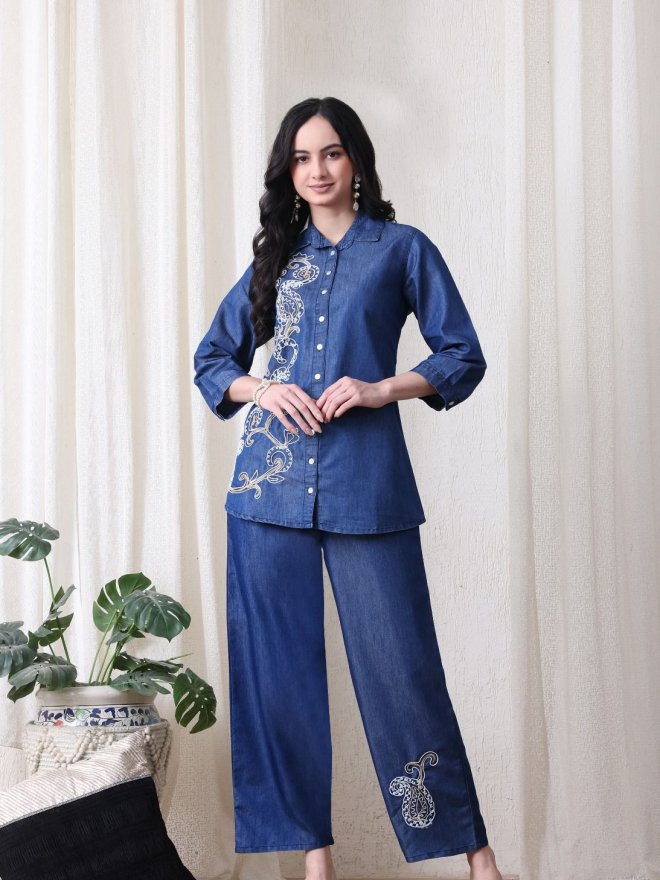 Indigo Blue Denim Embroidered Co-Ord Set