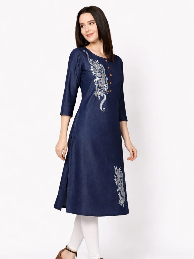 Women’s Navy Blue Printed Straight Kurta