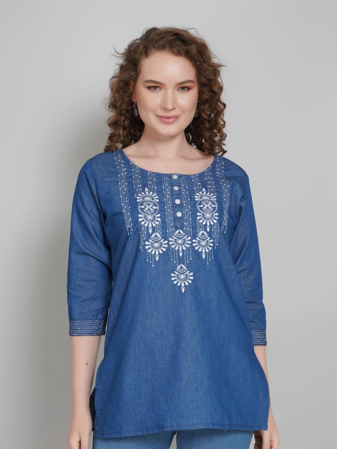 Women’s Denim Blue Embroidered Top