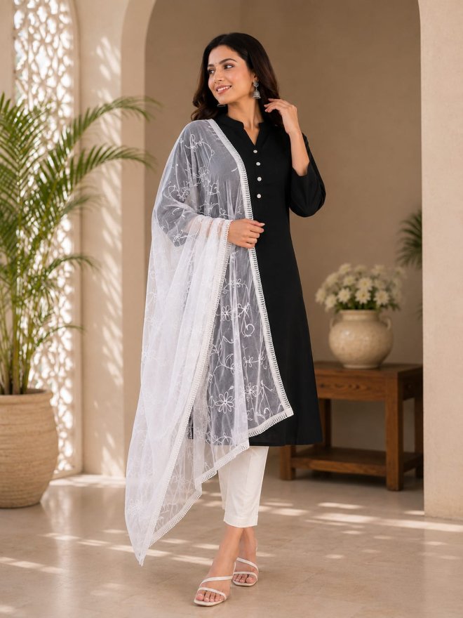 Elegant White Embroidered Net Dupatta