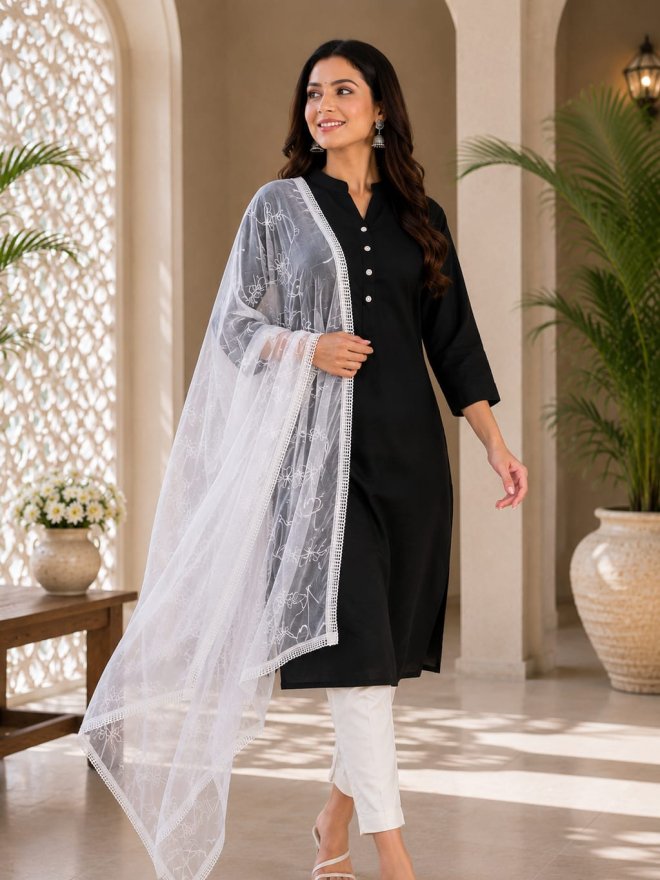 Elegant White Embroidered Net Dupatta