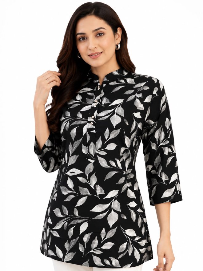 Black Printed Leaf Pattern top