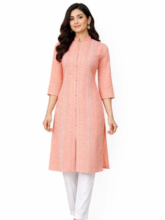 Peach Embroidered Straight Kurti