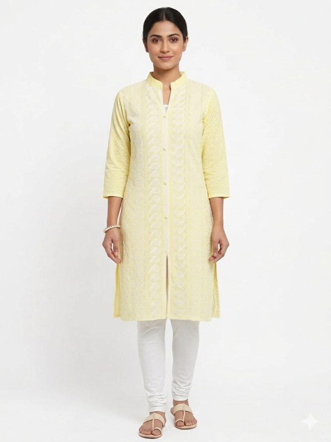 Elegant Light Yellow Embroidered Straight Kurti
