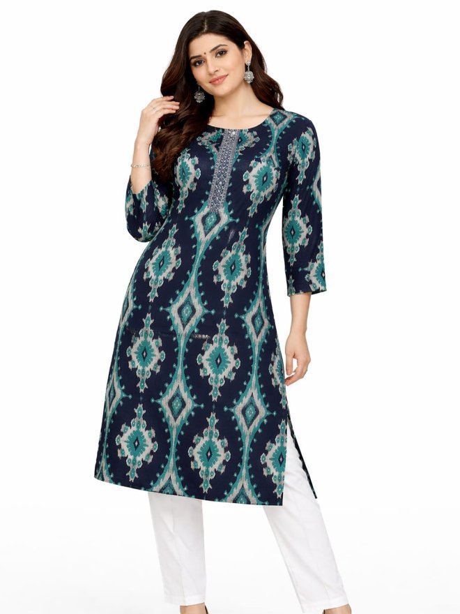 Navy Blue Ikat Print A-Line Kurti
