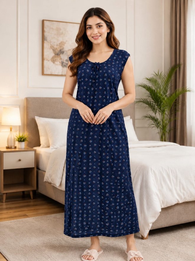 Navy Blue Floral Printed Sleeveless Nighty