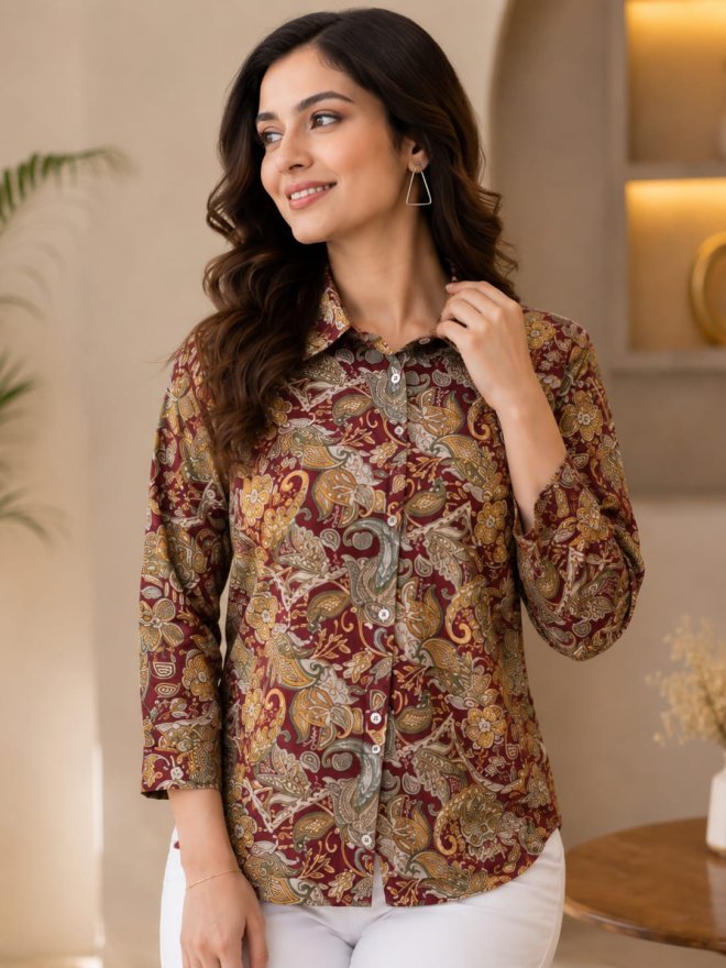 Maroon Paisley Print Collared Shirt Top