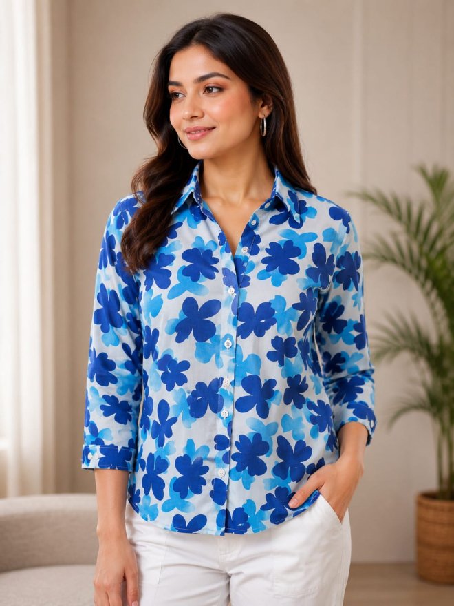 Blue Floral Printed Full-Sleeve Women's Shirt top
