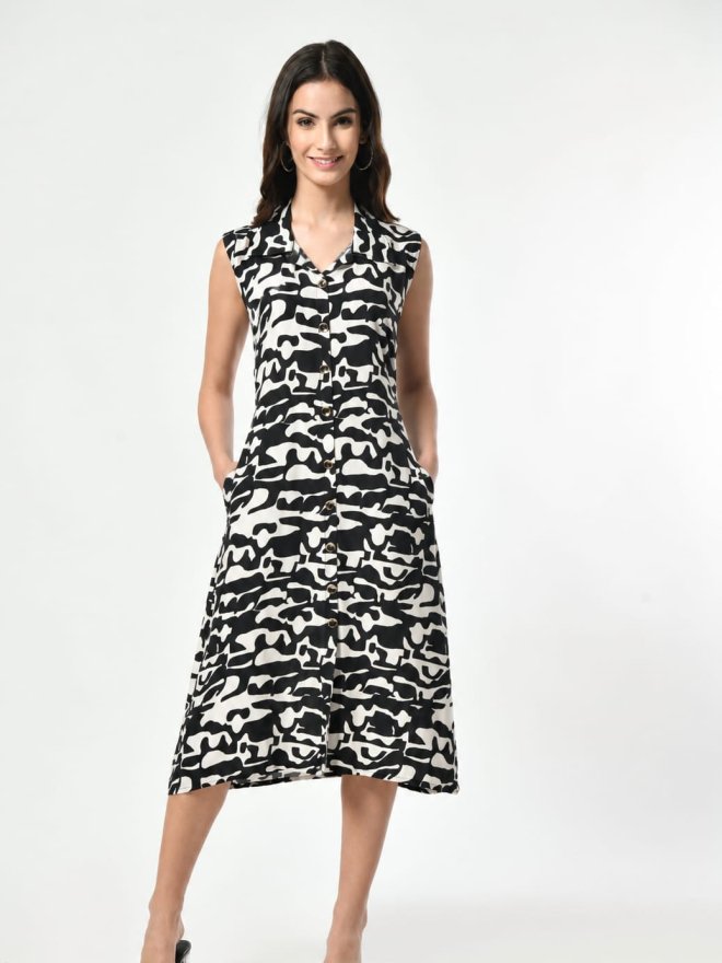Abstract Print Sleeveless Button-Down Dress