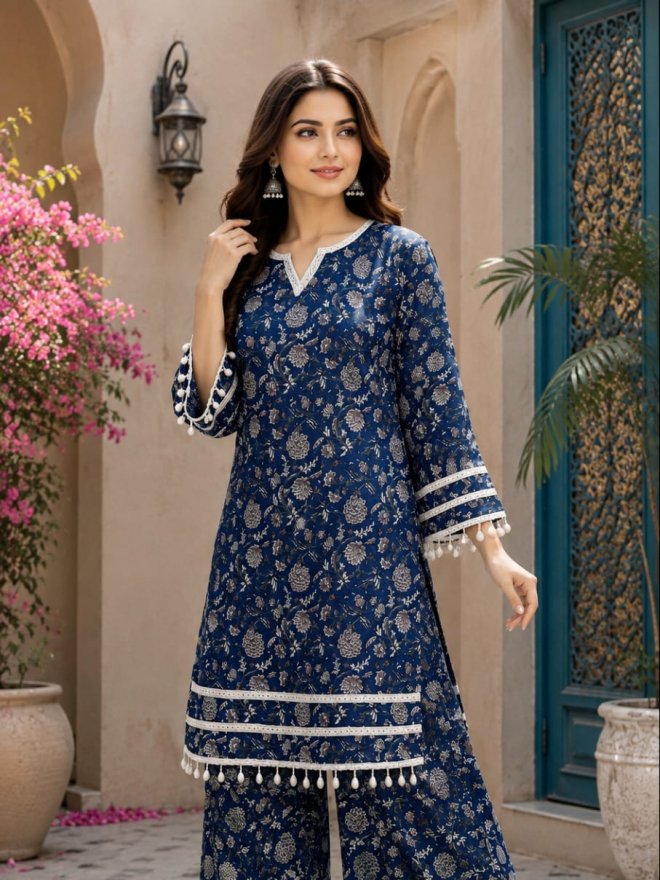 Women’s Navy Blue Printed Cotton Kurta with Farsi Salwar Set