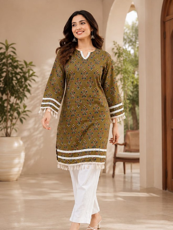 Olive Green Printed Straight Kurti with Tassel Detailing