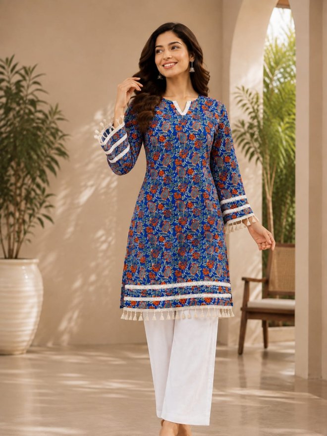 Royal Blue Printed Cotton Kurti with Lace & Tassel Detailing