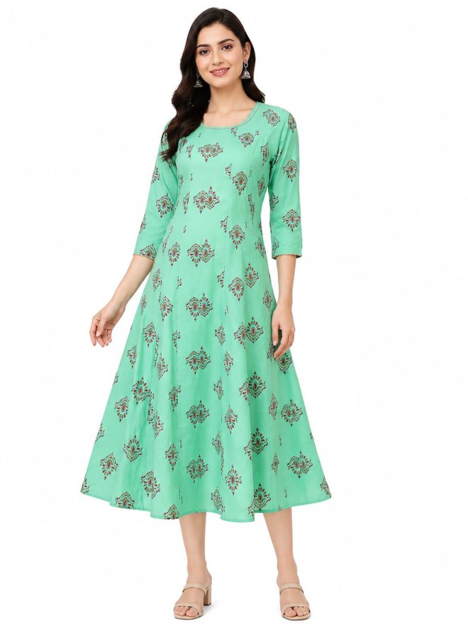 Mint Green Printed Flared Gown