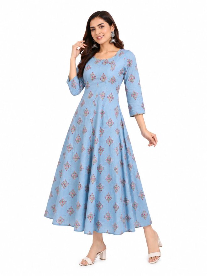 Sky Blue Floral Printed Anarkali Gown