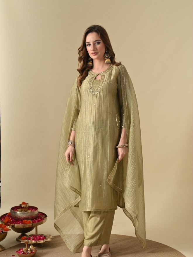 Elegant Olive Green Salsa Fabric Embroidered Suit Set