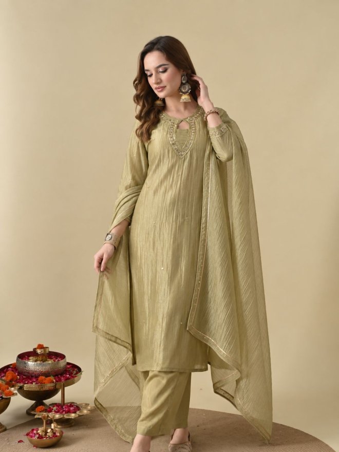 Elegant Olive Green Salsa Fabric Embroidered Suit Set