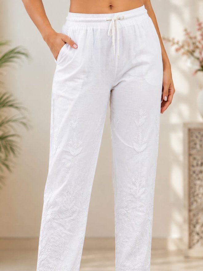 Lucknowi chicken embroidery stretchable cotton lycra pants