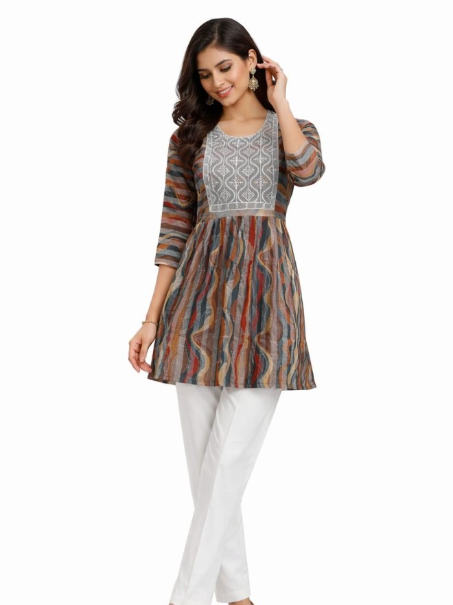 Women’s Multicolor Printed Embroidered Yoke Top