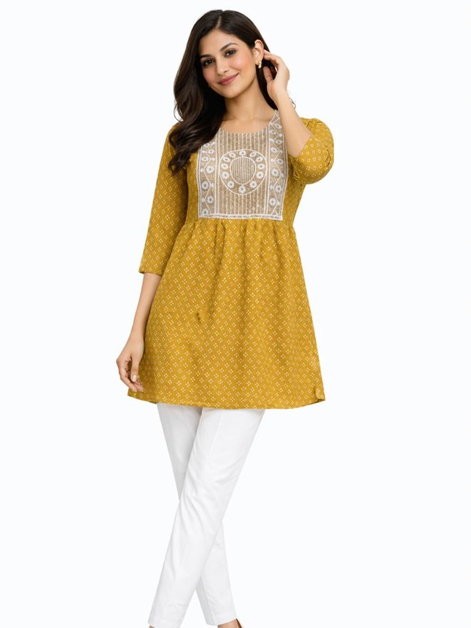 Mustard Printed Embroidered Top