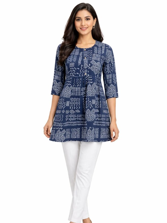 Women’s Navy Blue Printed Peplum Top