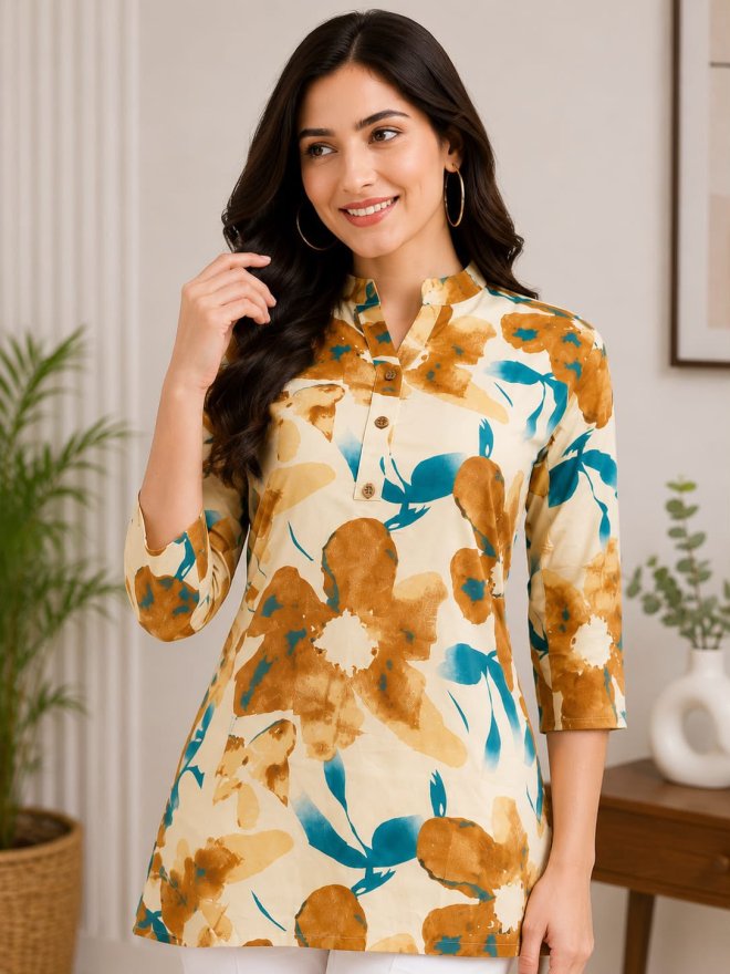 Floral Printed Mandarin Collar Casual Top