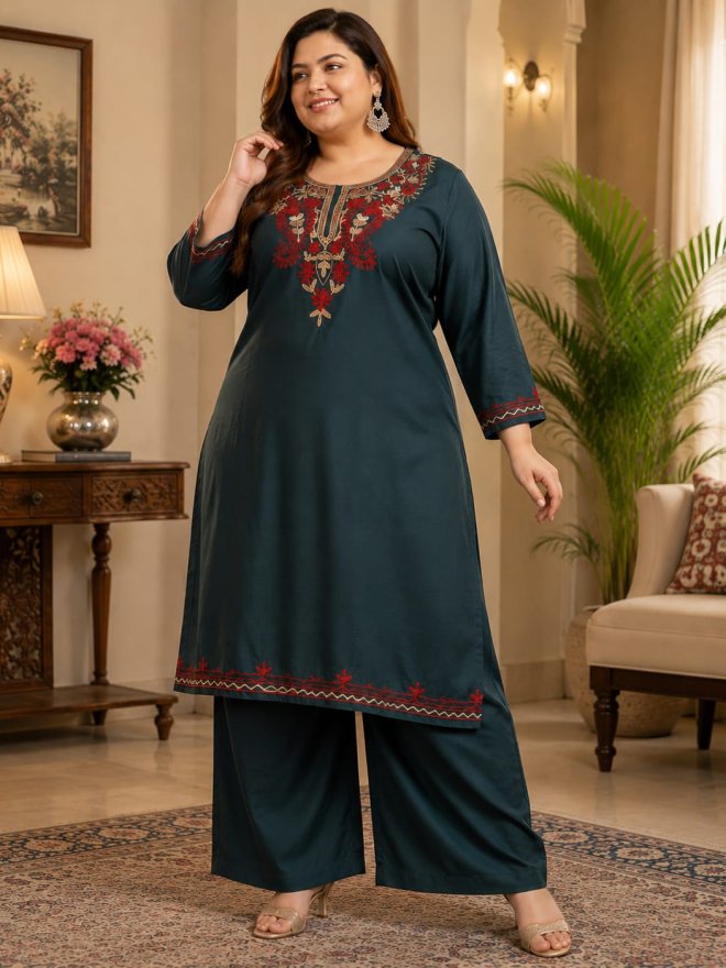 Women’s Plus Size Embroidered Kurta Palazzo Set