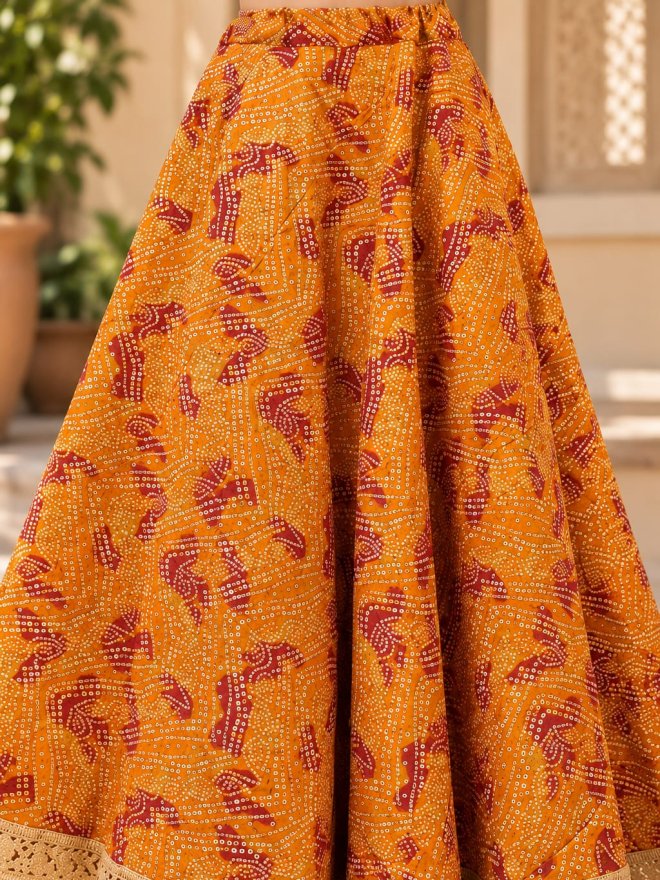 Women’s Orange Bandhani Printed Flared Skirt with Lace Border