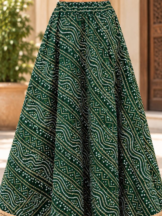 Bandhani Print Flared Skirt with Lace Border