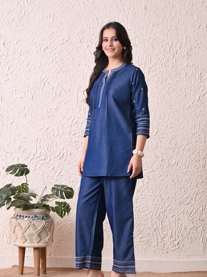 Women’s Denim Blue Embroidered Kurta Pant Co-Ord Set