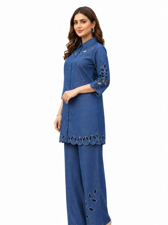 Women’s Denim Blue Embroidered Cord Set