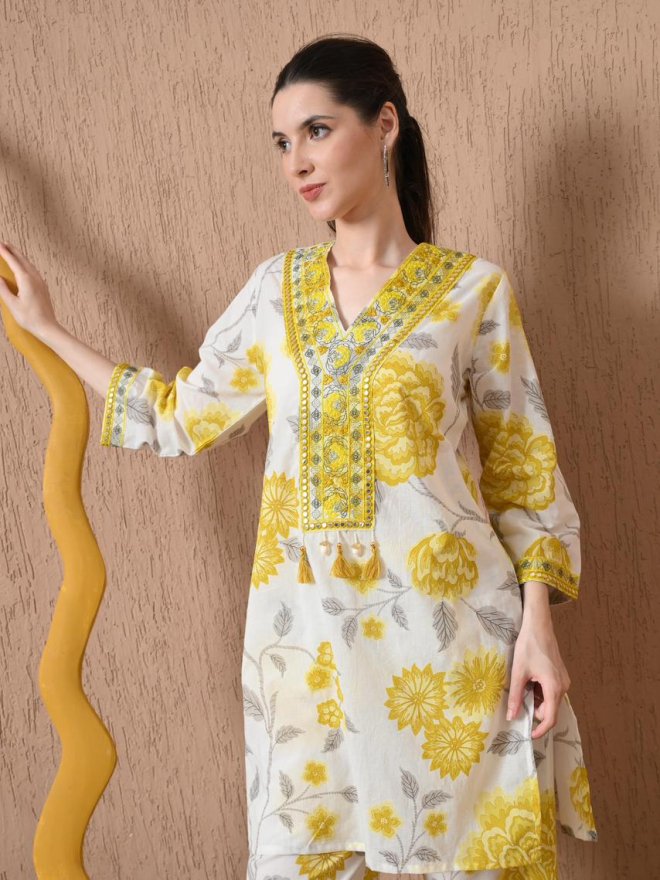 Yellow Floral Printed Straight Suit Set
