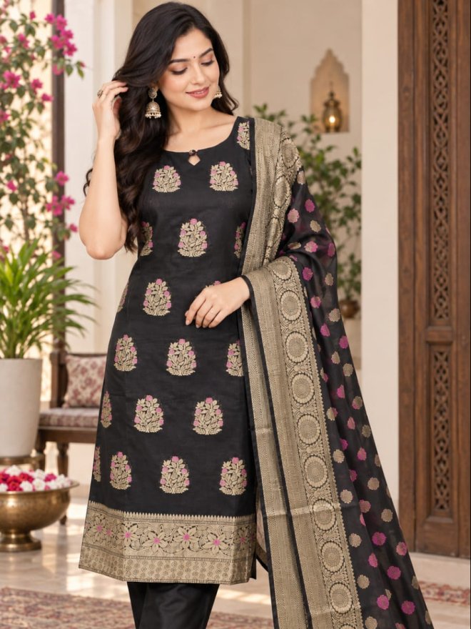 Elegant Black Banarasi Printed Suit Set