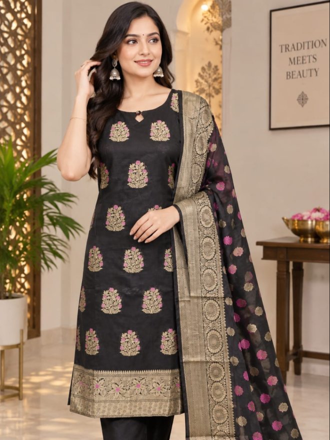 Elegant Black Banarasi Printed Suit Set