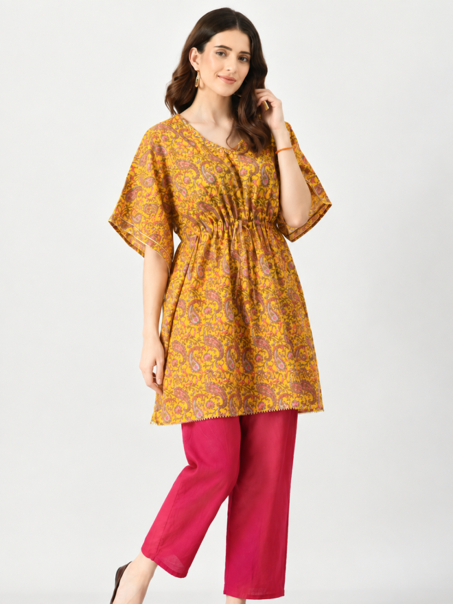 Yellow Printed Relaxed Fit Kaftan