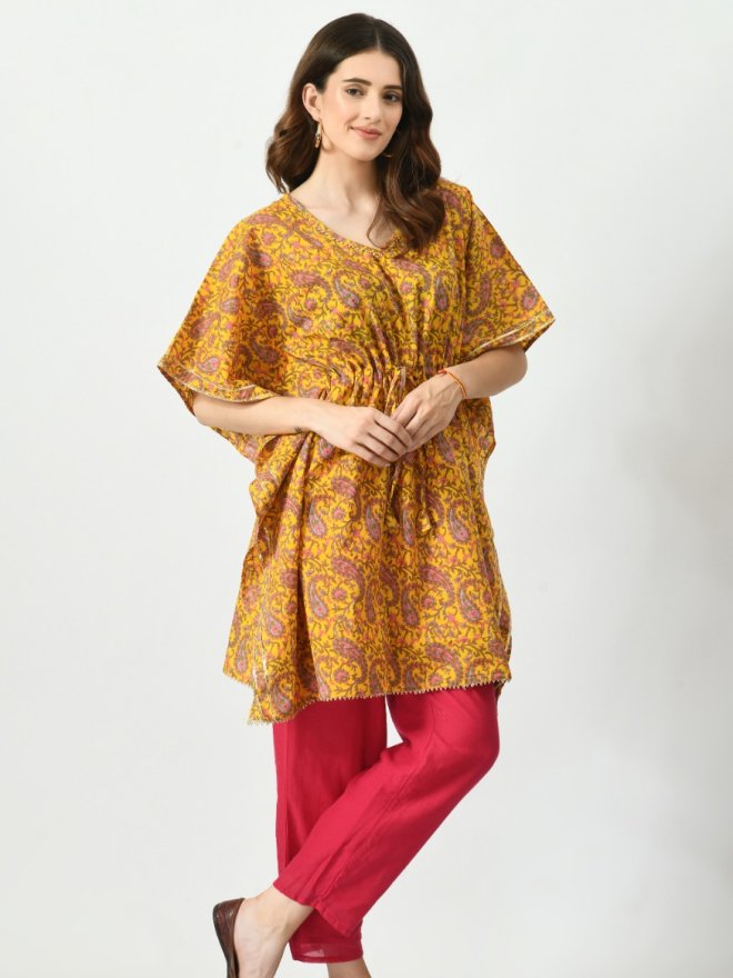 Yellow Printed Relaxed Fit Kaftan