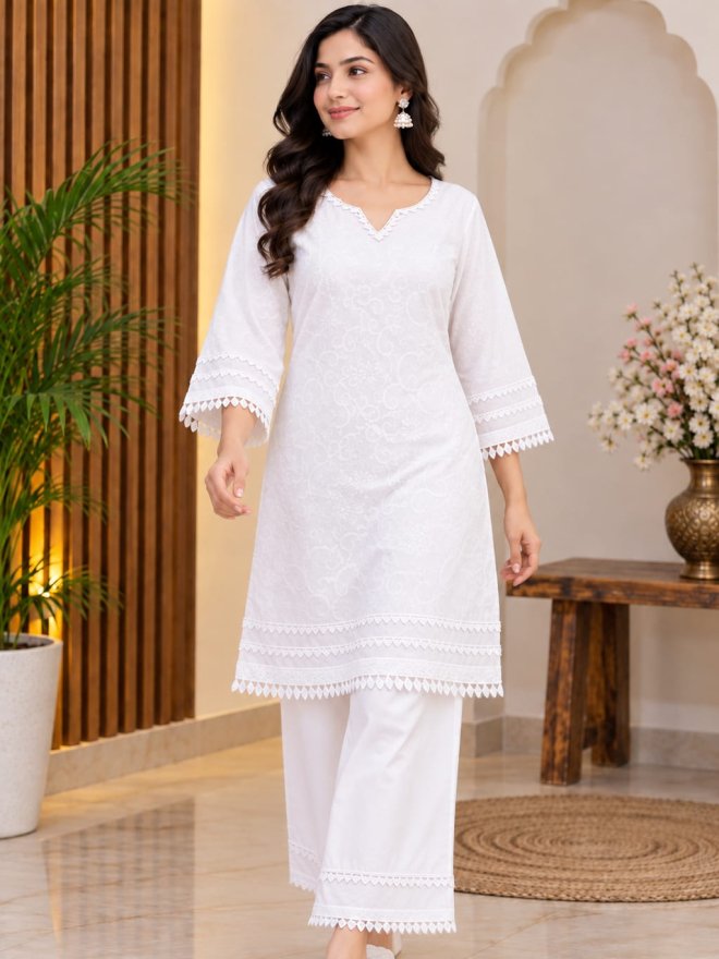 Rayon jacquard  fabric kurti White Embroidered Farsi Salwar Suit Set