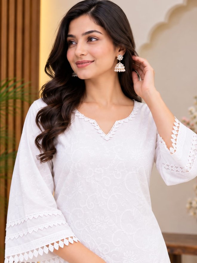 Elegant White Embroidered Straight Kurti