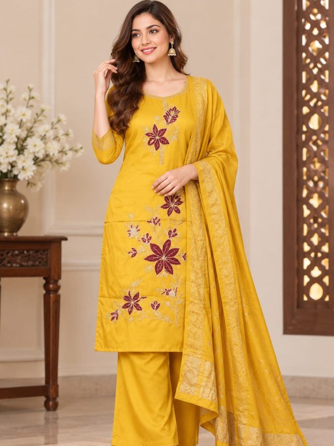 Mustard Yellow Embroidered Kurta Palazzo Set with Dupatta